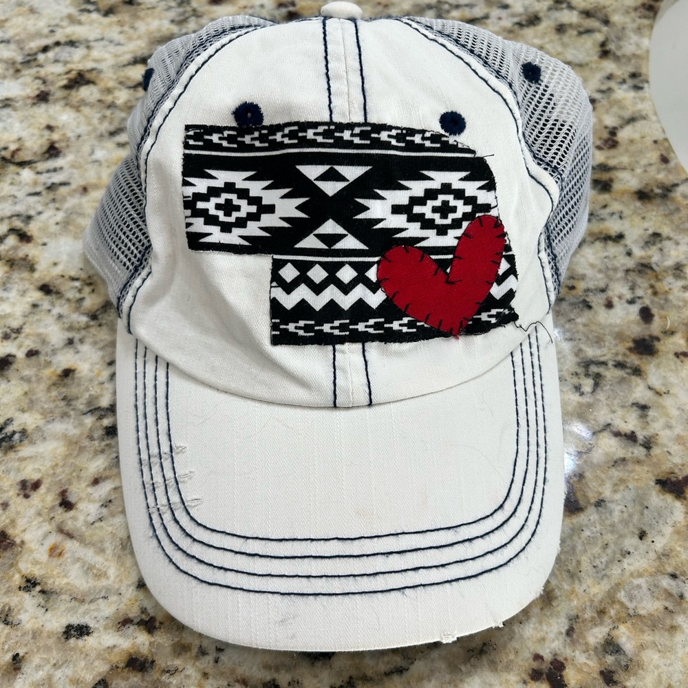 Nebraska White and Black Patterned Cap with Red Heart